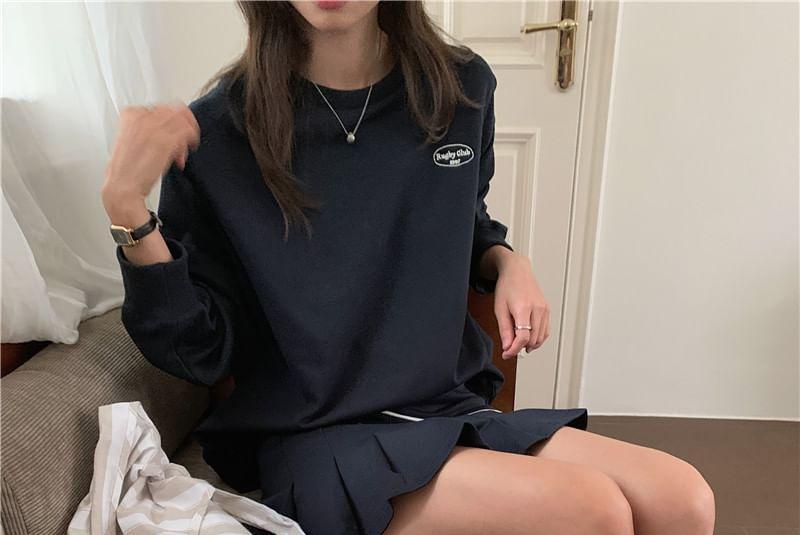 Set: Crewneck Lettering Sweatshirt + Mini Pleated Skirt Product Image