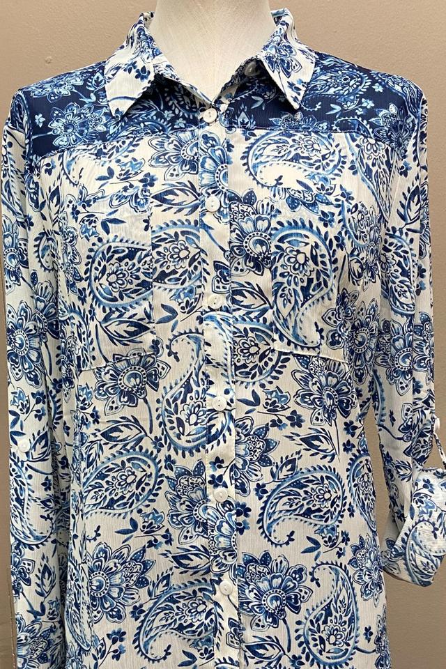 Button-down, combo yoke, crinkle georgette fabric with a paisley print  shirt. Female Product Image