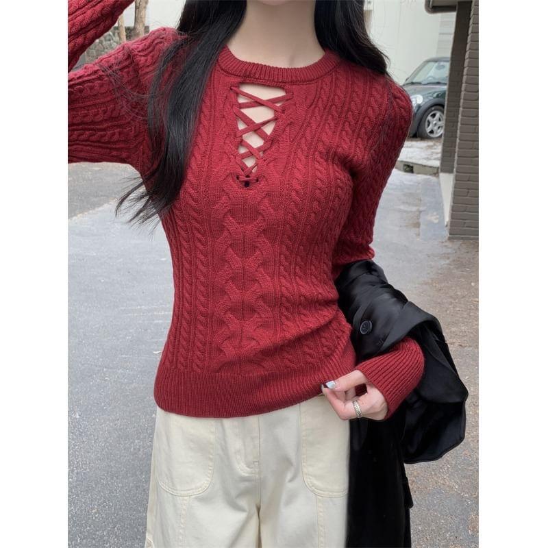 Crew Neck Plain Cutout Cable Knit Sweater Product Image