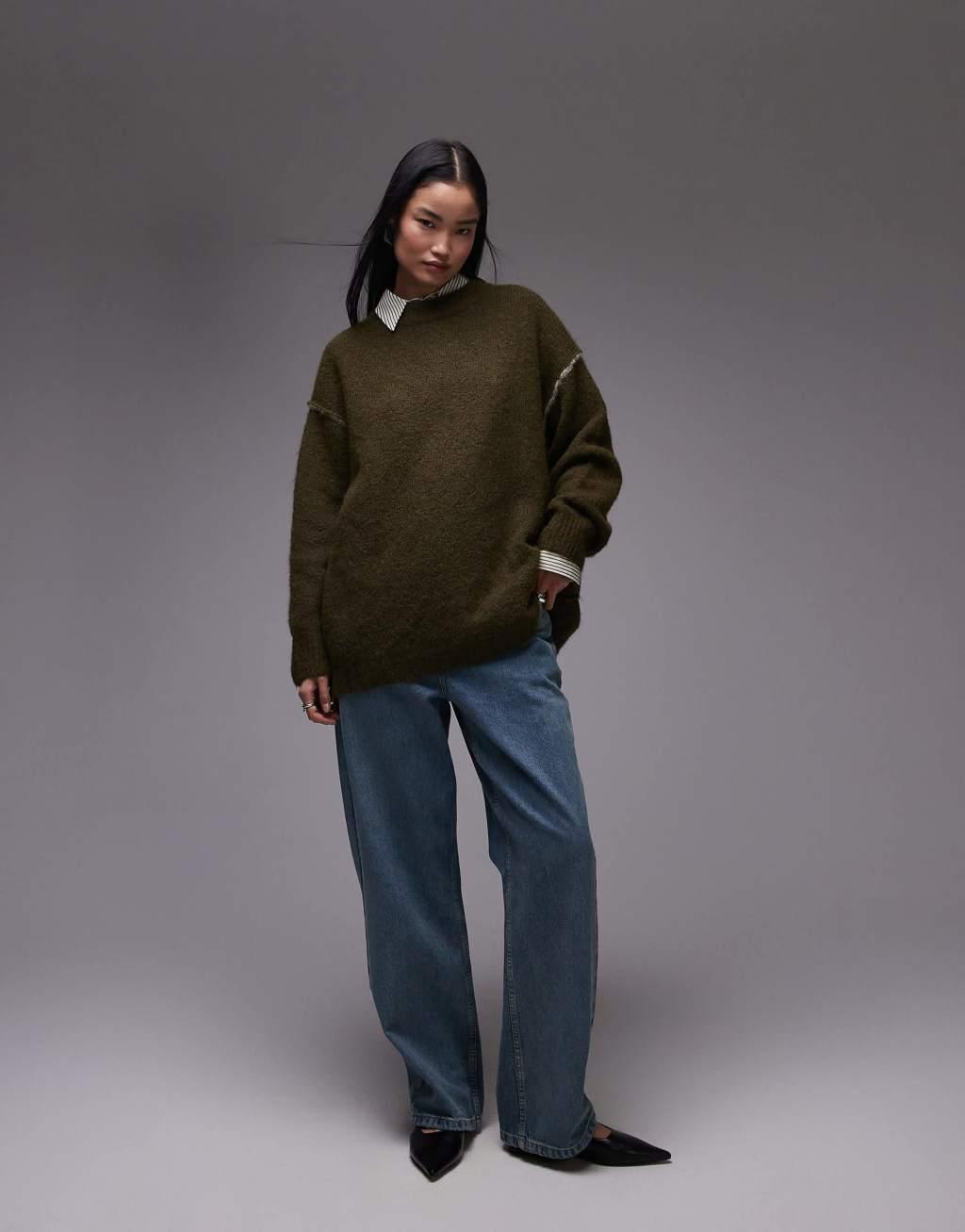 Topshop knitted exposed contrast seam oversized sweater in khaki Product Image