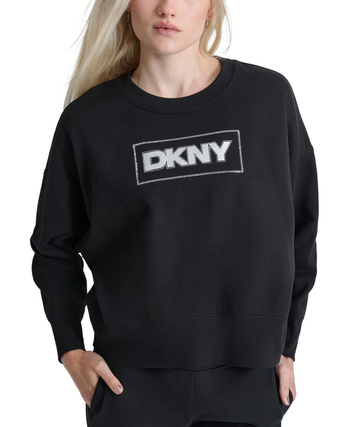 Dkny Sport Womens Rhinestone Crewneck Fleece Sweatshirt - Black Product Image