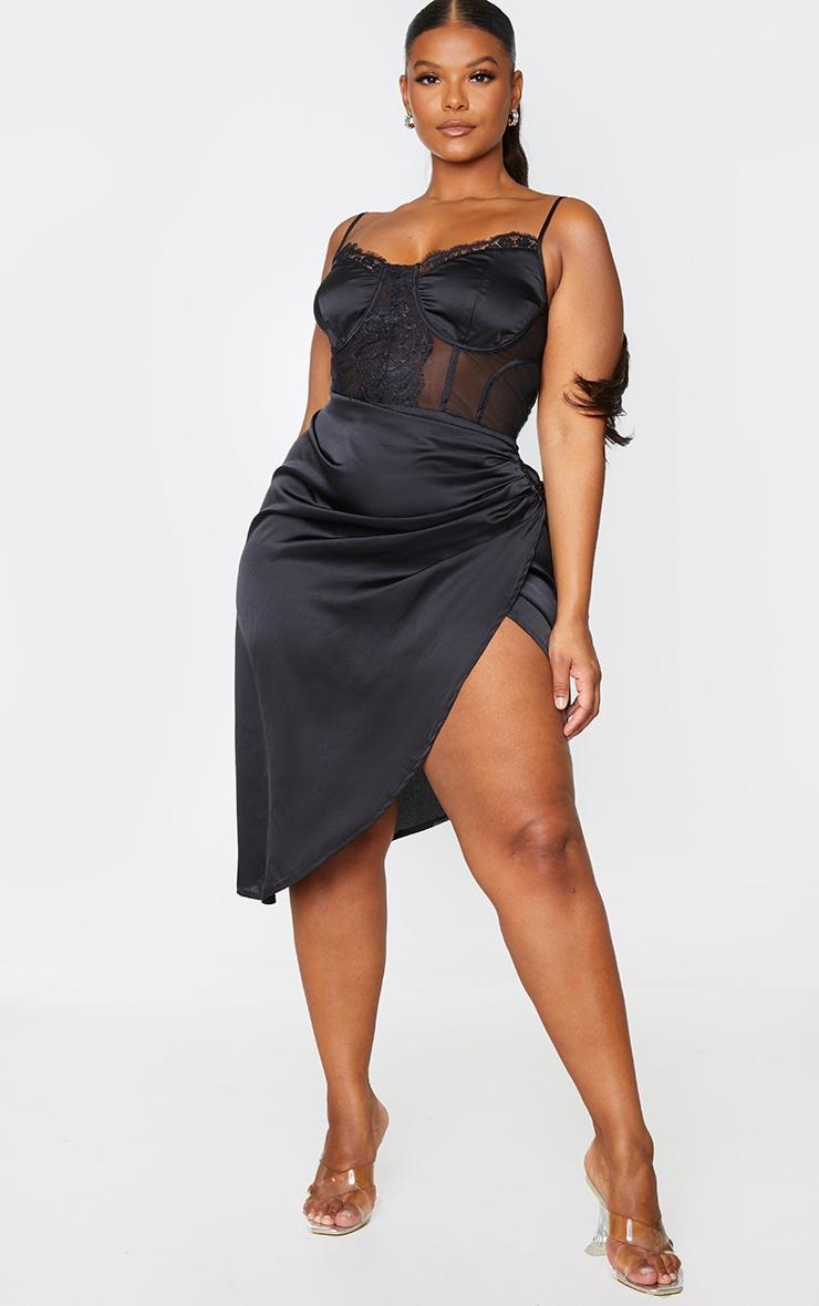 Plus Black Lace Insert Cup Detail Ruched Side Midi Dress Product Image