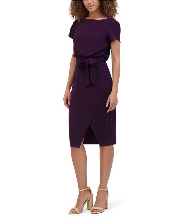 Kensie Scuba Crepe Boat Neck Short Sleeve Tie Waist Wrap Blouson Midi Dress Product Image