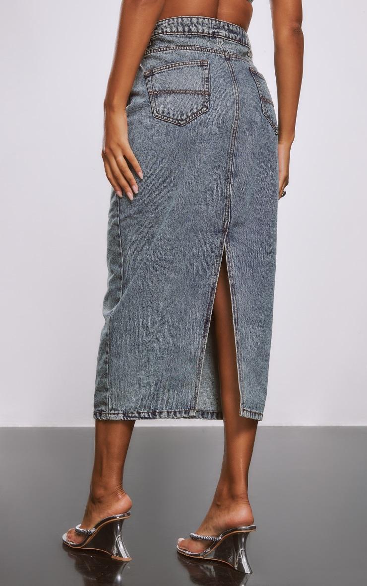  Acid Blue Wash Denim Split Back Midi Skirt Product Image