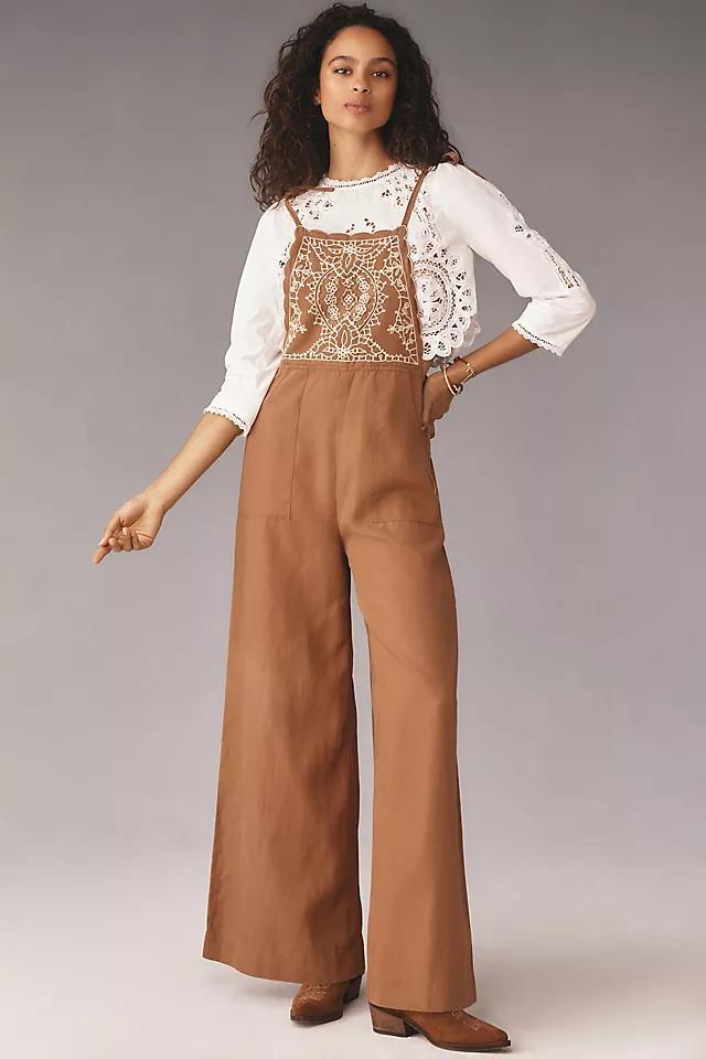 By Anthropologie Embroidered Linen Overalls Product Image