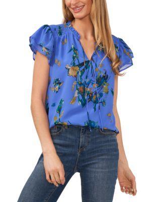 CeCe Womens Tie-Neck Tiered Flutter-Sleeve Blouse Product Image