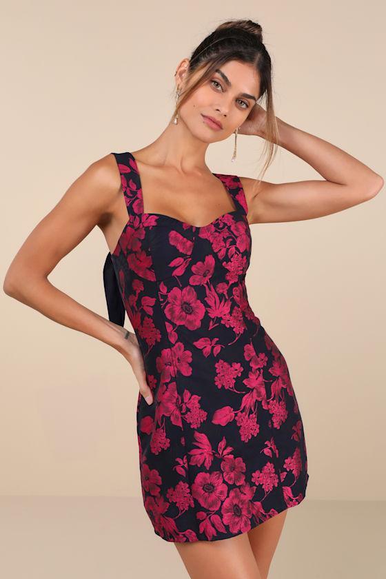 Lovely Intuition Navy and Magenta Jacquard Tie-Strap Mini Dress product image