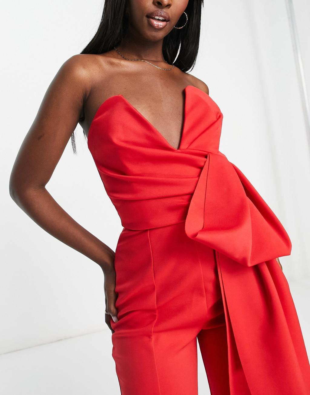 ASOS DESIGN scuba plunge bandeau jumpsuit with bow detail in red Product Image