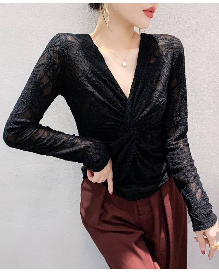 Long-Sleeve V-Neck Knotted Lace Top Product Image