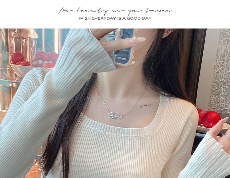 Long-Sleeve Square Neck Plain Ribbed Crop Knit Top Product Image