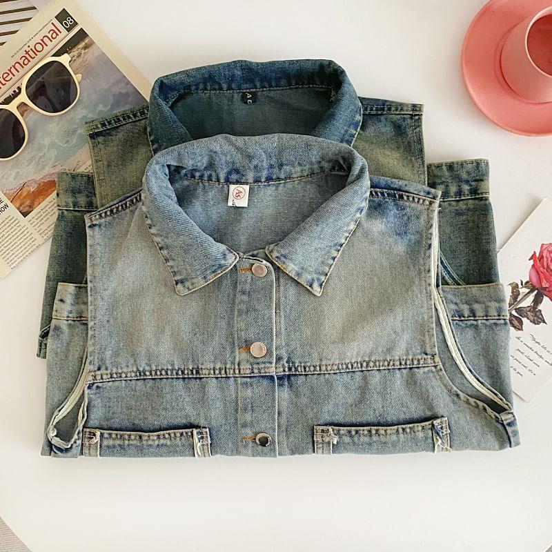 Sleeveless Collared Washed Denim Cropped Vest Product Image