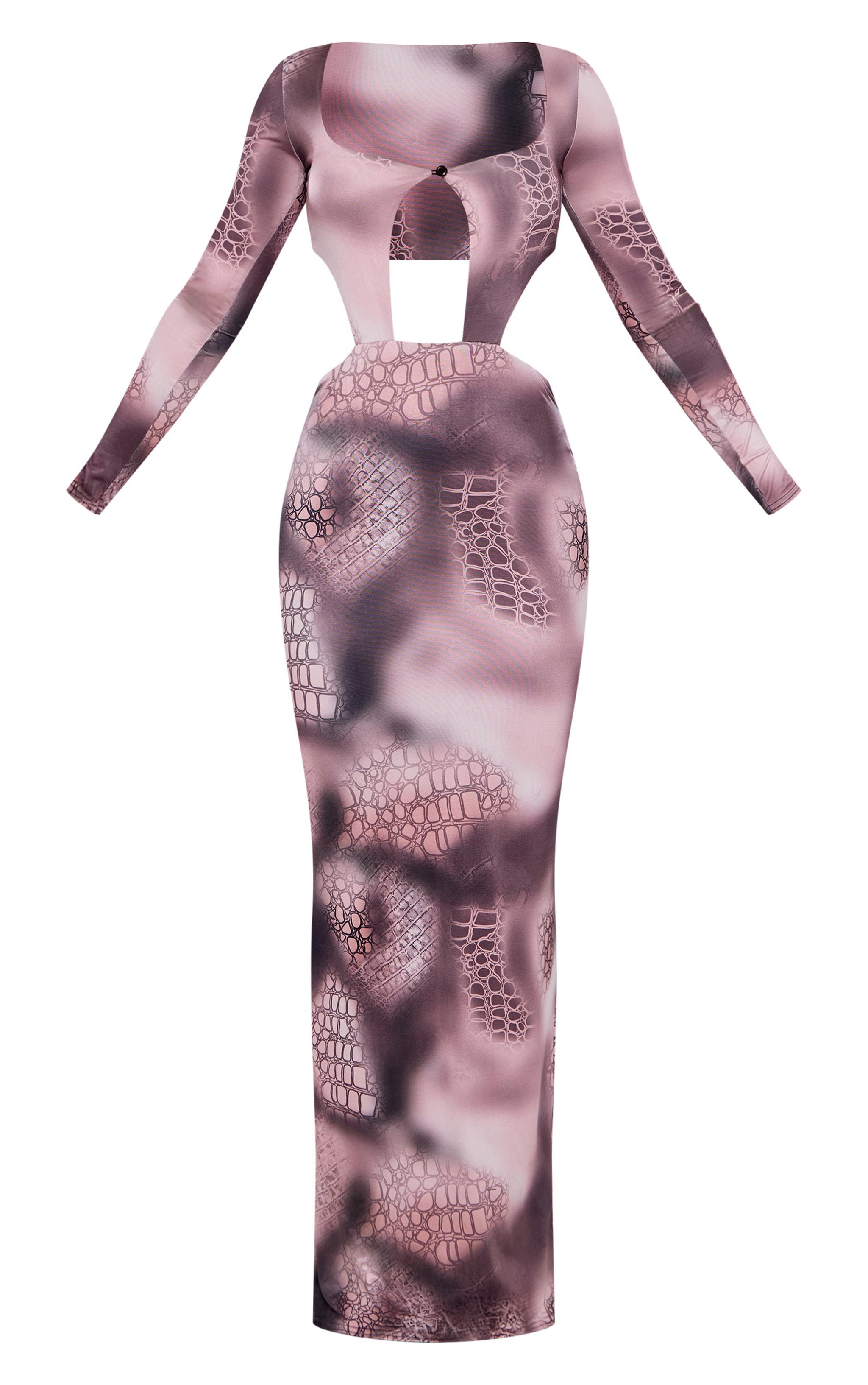 Grey Printed Double Layer Slinky Long Sleeve Midaxi Dress Product Image