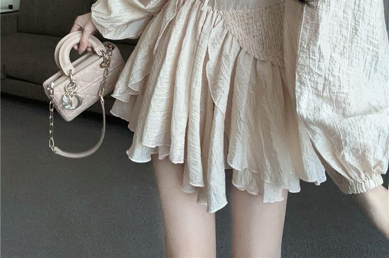 Long Sleeve Square Neck Plain Ruffle Hem Mini A-Line Dress Product Image