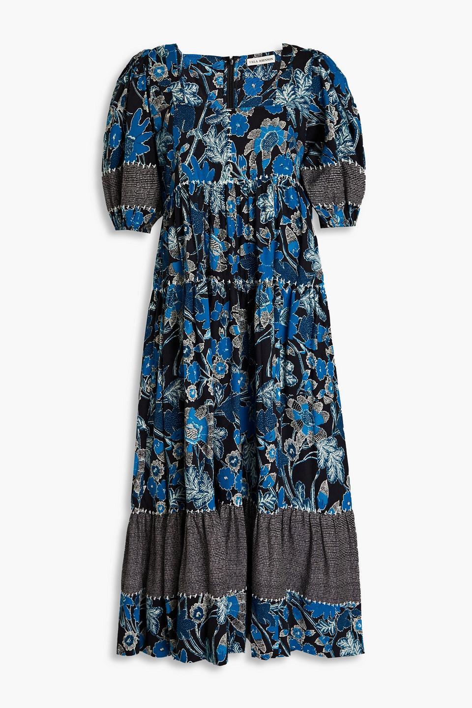 Nora Gathered Floral-print Cotton-blend Midi Dress In Bright Blue Product Image