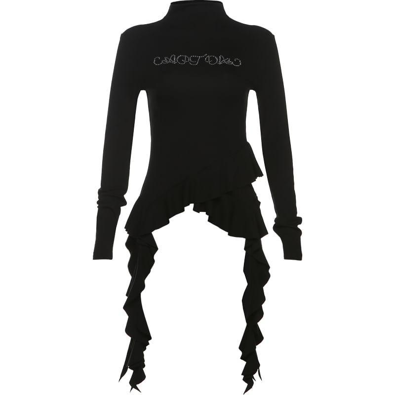 Long-Sleeve Mock Neck Lettering Rhinestone Ruffle Asymmetrical Tee Product Image