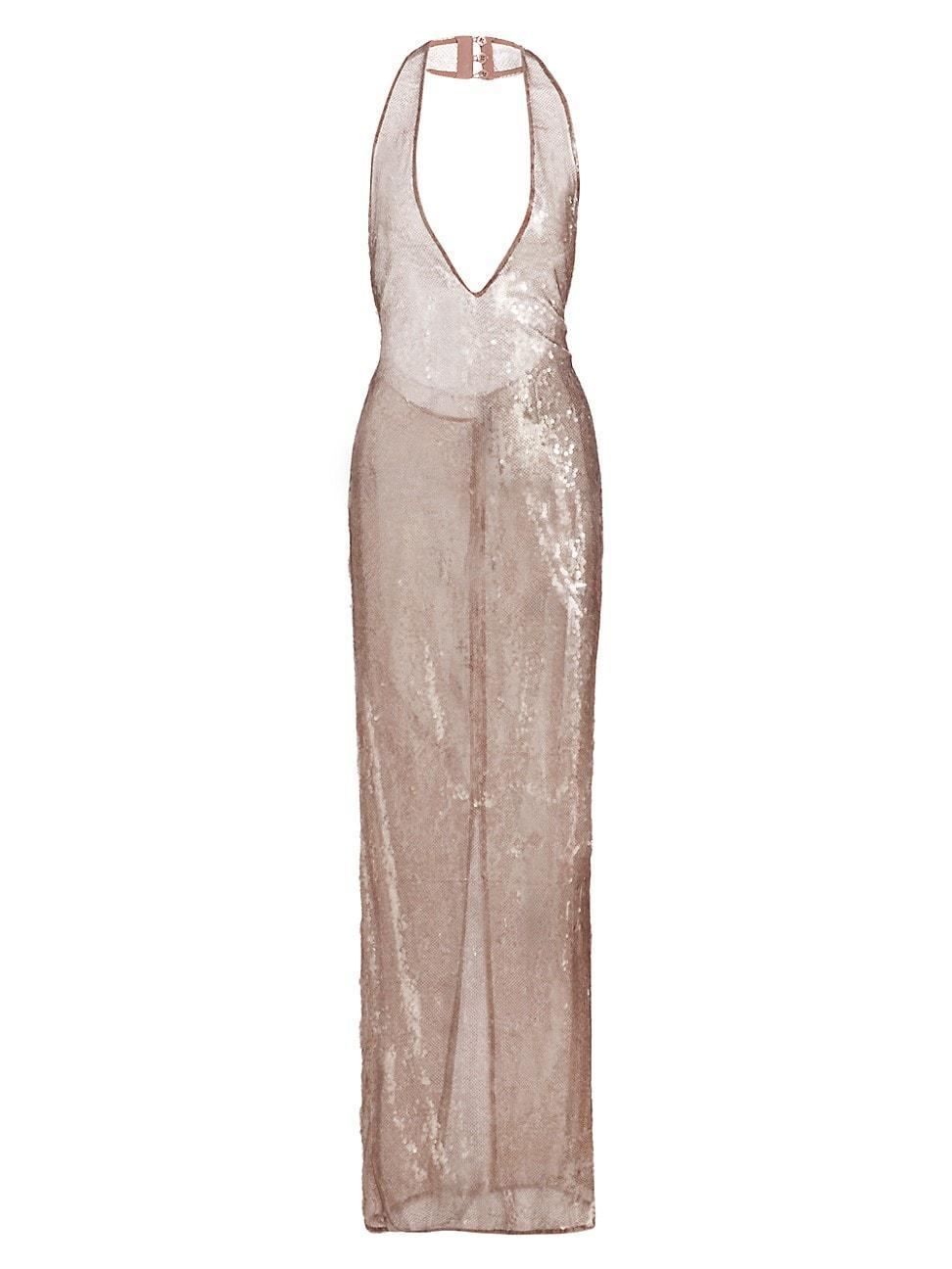 Womens Sheer Sequined Plunging V-Halterneck Column Gown Product Image