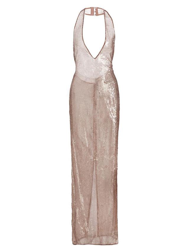 Womens Sheer Sequined Plunging V-Halterneck Column Gown Product Image