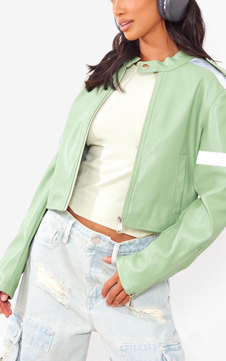 Petite Sage Green Cropped PU Racer Jacket Product Image