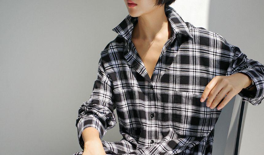 Long-Sleeve Plaid Maxi Shirt Dress Product Image