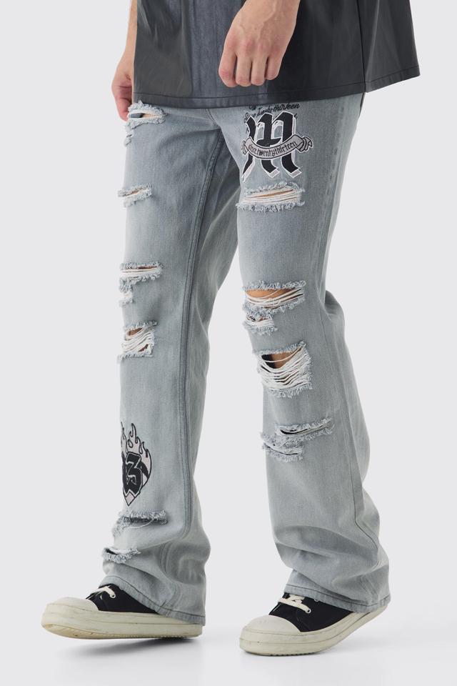 Tall Applique Ripped Slim Fit Flared Jeans | boohooMAN USA Product Image