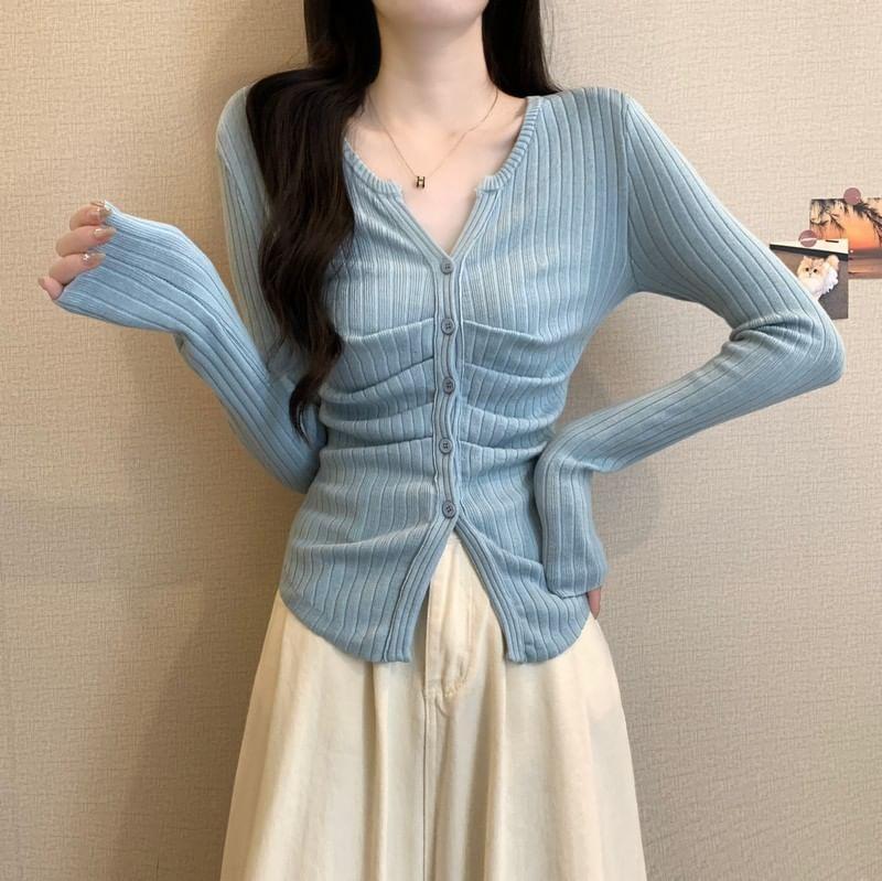 Long-Sleeve Notch Neck Plain Ribbed Button Knit Top Product Image