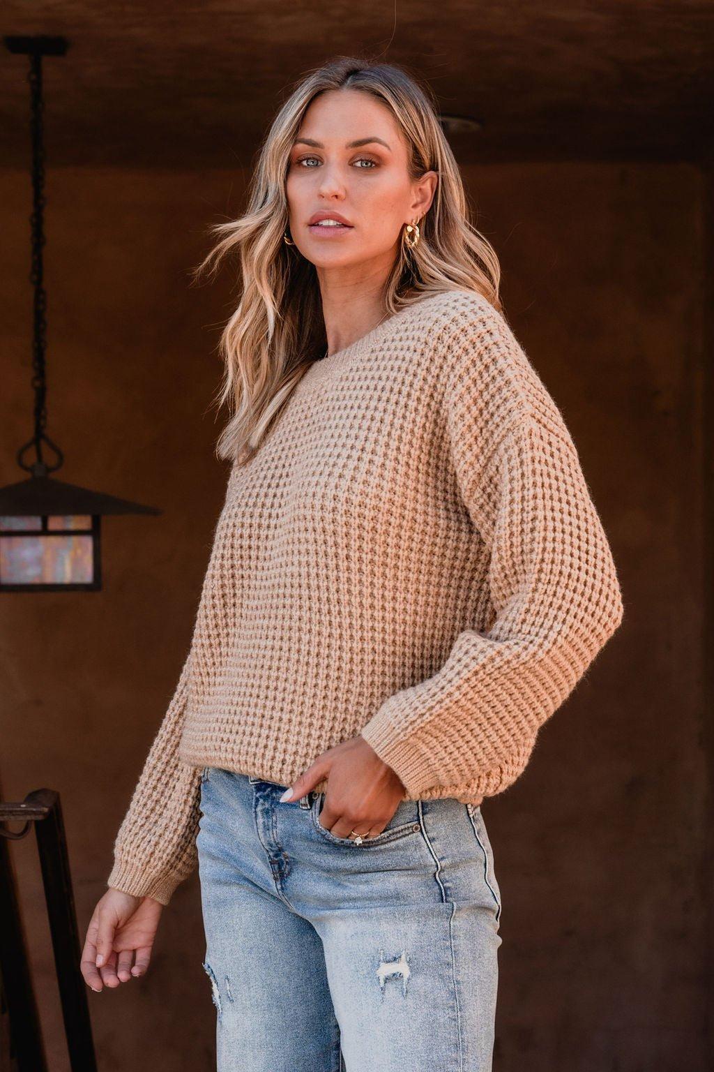 Camel Ribbed Waffle Knit Sweater-FINAL SALE Product Image