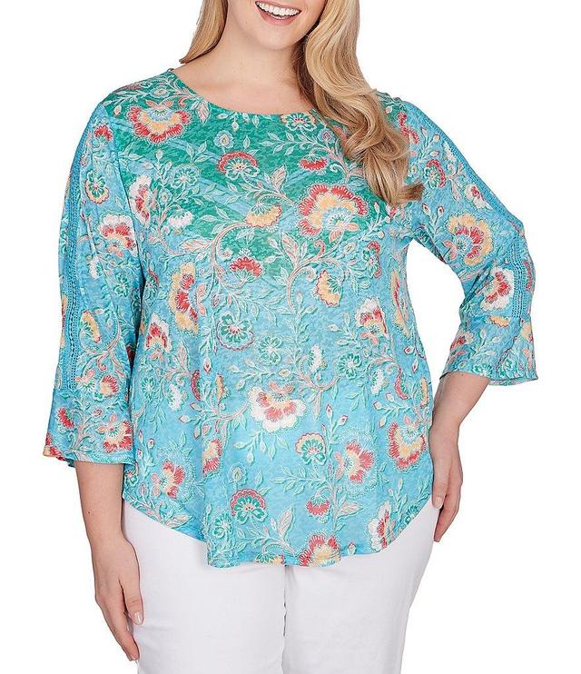 Ruby Rd. Plus Size Knit Floral Print Crew Neck 3/4 Sleeve Top Product Name Product Image