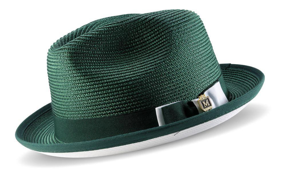 Two Tone Ribbon Stingy Brim Pinch Braided Fedora - Emerald with White Bottom Product Image