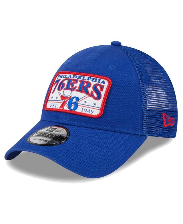 Mens New Era Royal Philadelphia 76ers Plate Oversized Patch Trucker 9FORTY Adjustable Hat Product Image