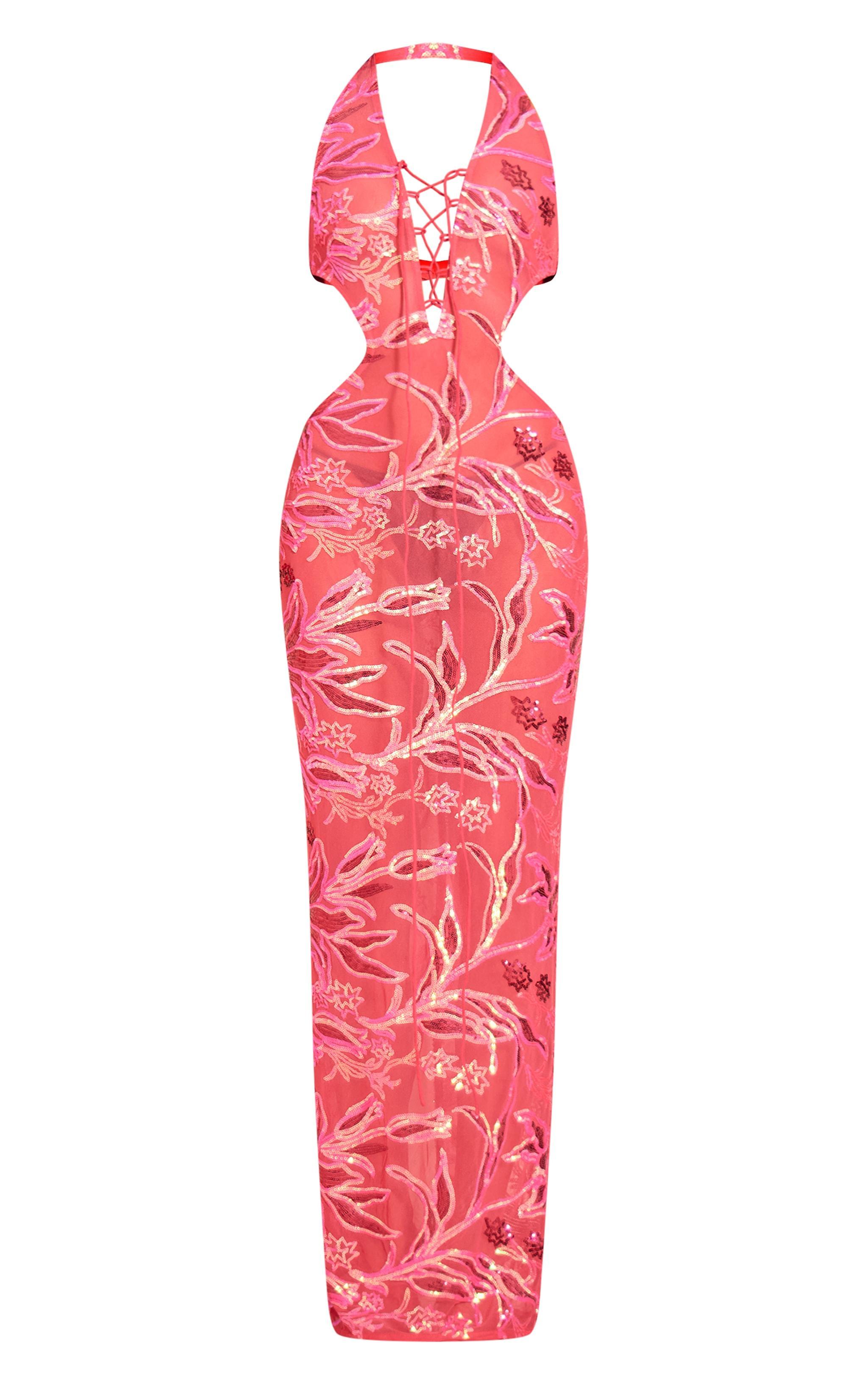 Pink Sequin Plunge Maxi Dress Product Image