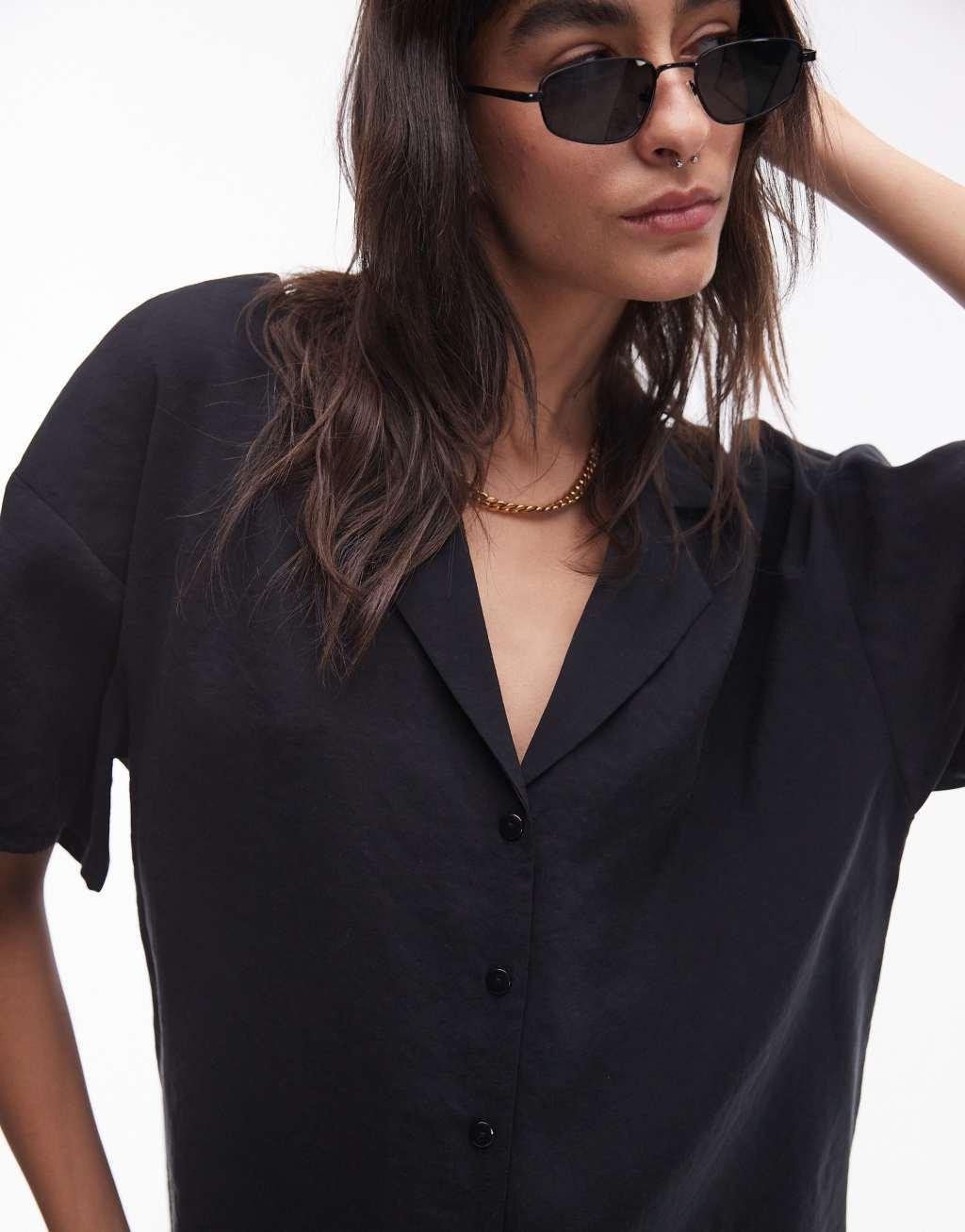 Topshop button down mini shirt dress in black Product Image