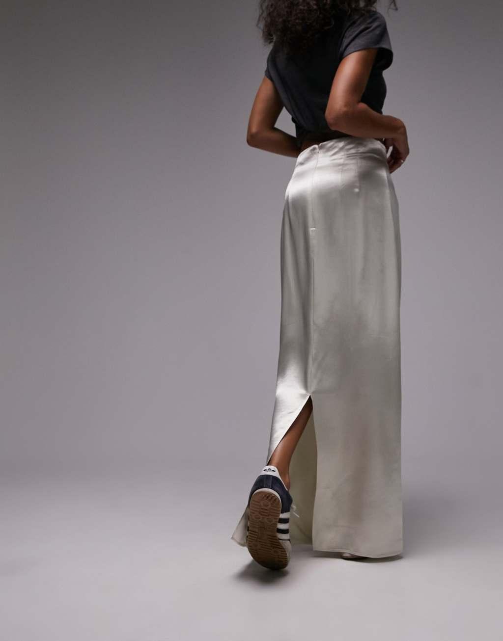 Topshop super high waisted satin maxi skirt in ivory Product Image