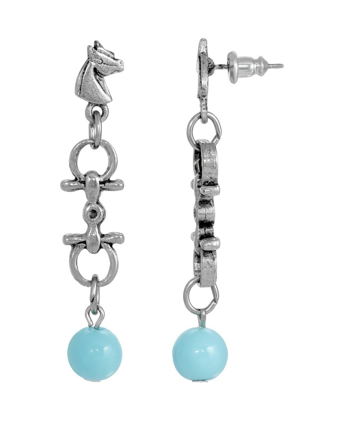 1928 Silver Tone Turquoise Color Bead Horse Head Earrings, Womens, Blue Product Image