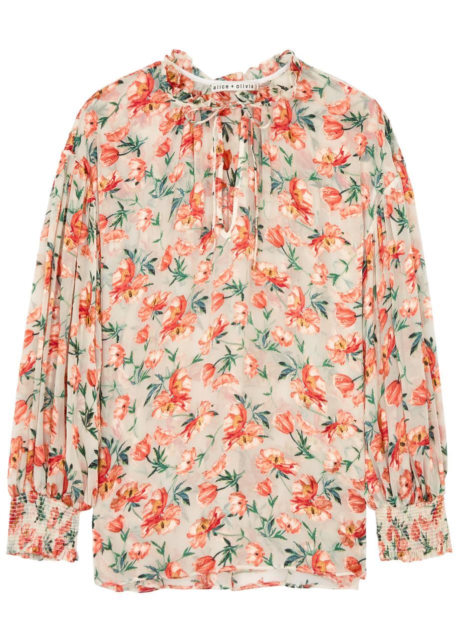 ALICE AND OLIVIA Julius Voluminous Long-sleeve Floral Burnout Blouse In Falling For You Off White Product Image