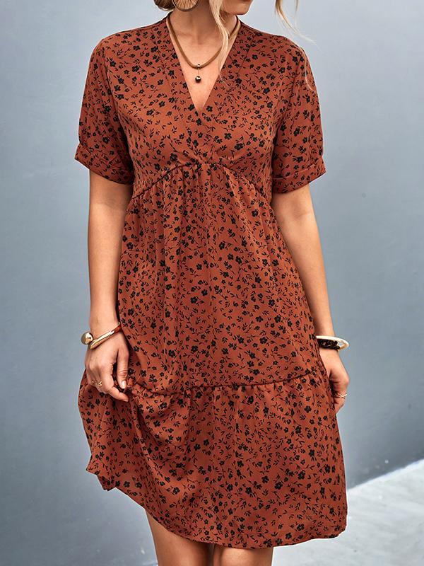 Short Sleeves Flower Print Split-Joint V-Neck Mini Dresses Product Image