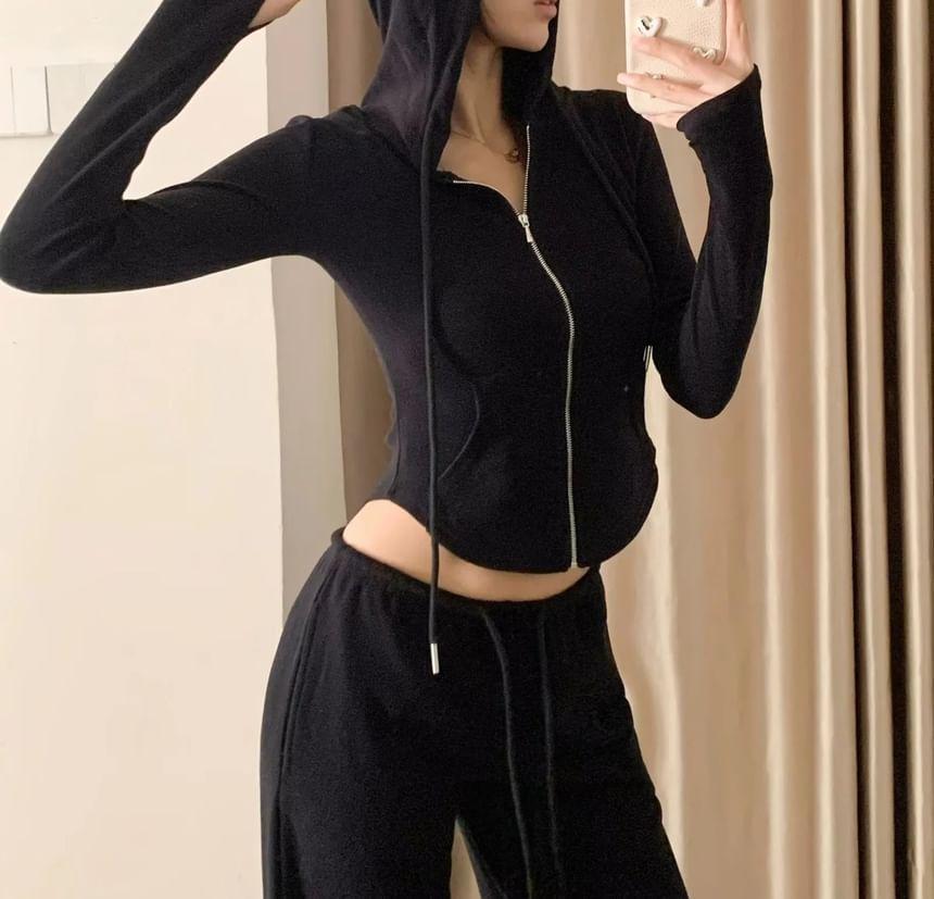 Plain Zip Hoodie / Drawstring Waist Wide Leg Pants Product Image