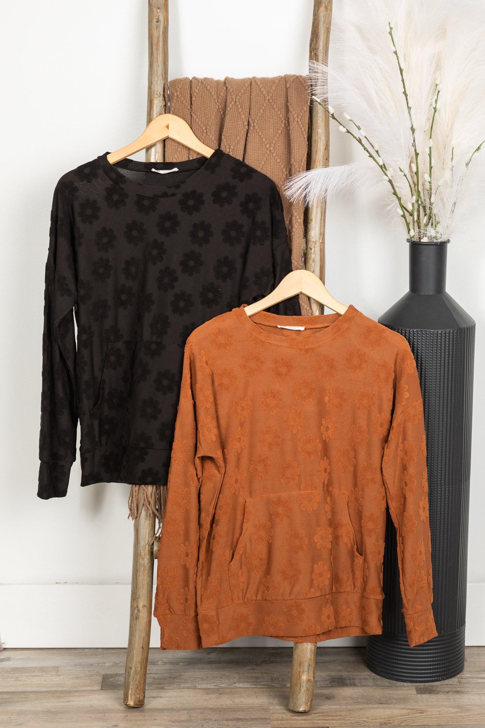 Brushed Floral Textured Long Sleeve Knit Top Product Image