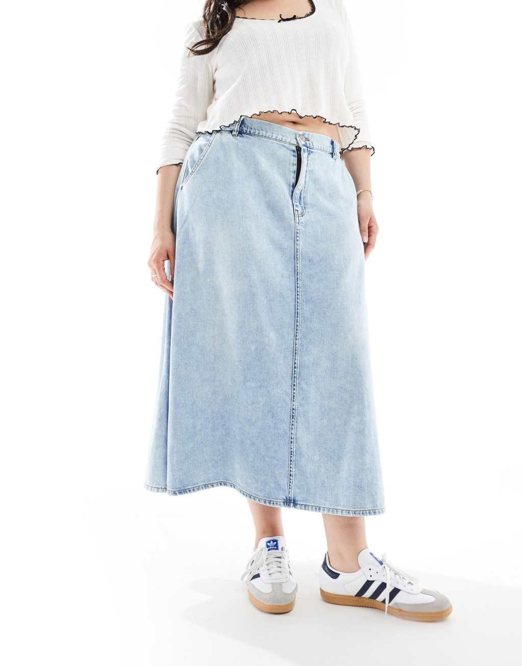 ONLY Curve denim midi skirt in light wash  Product Image