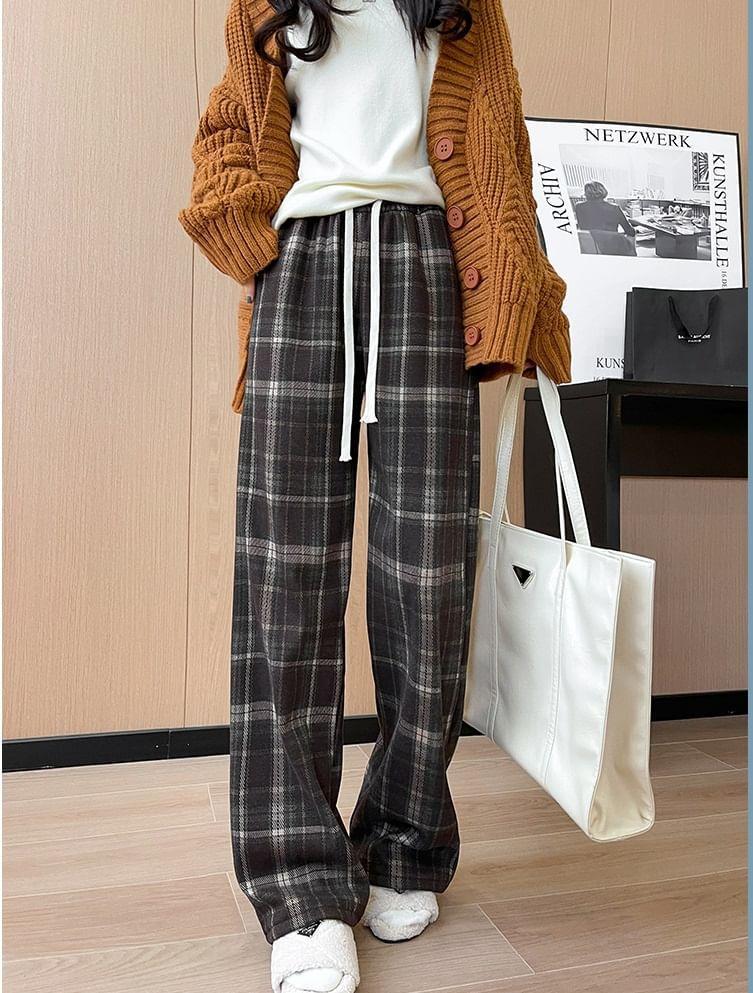 High Waist Plaid Wide Leg Pants Product Image