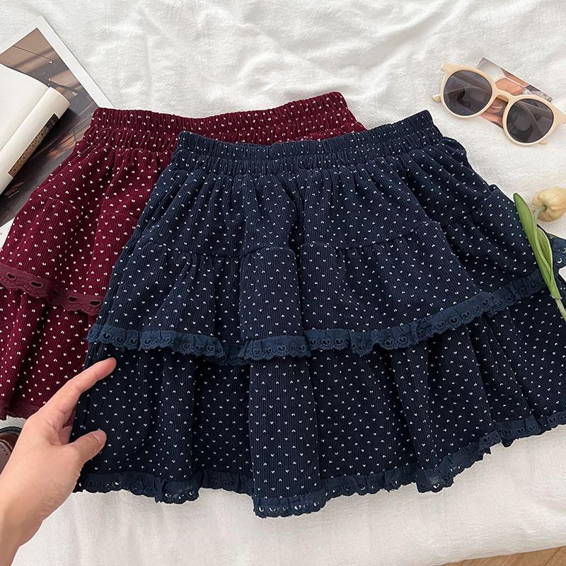 High Rise Polka Dot Ruffle Trim Mini A-Line Skirt Product Image