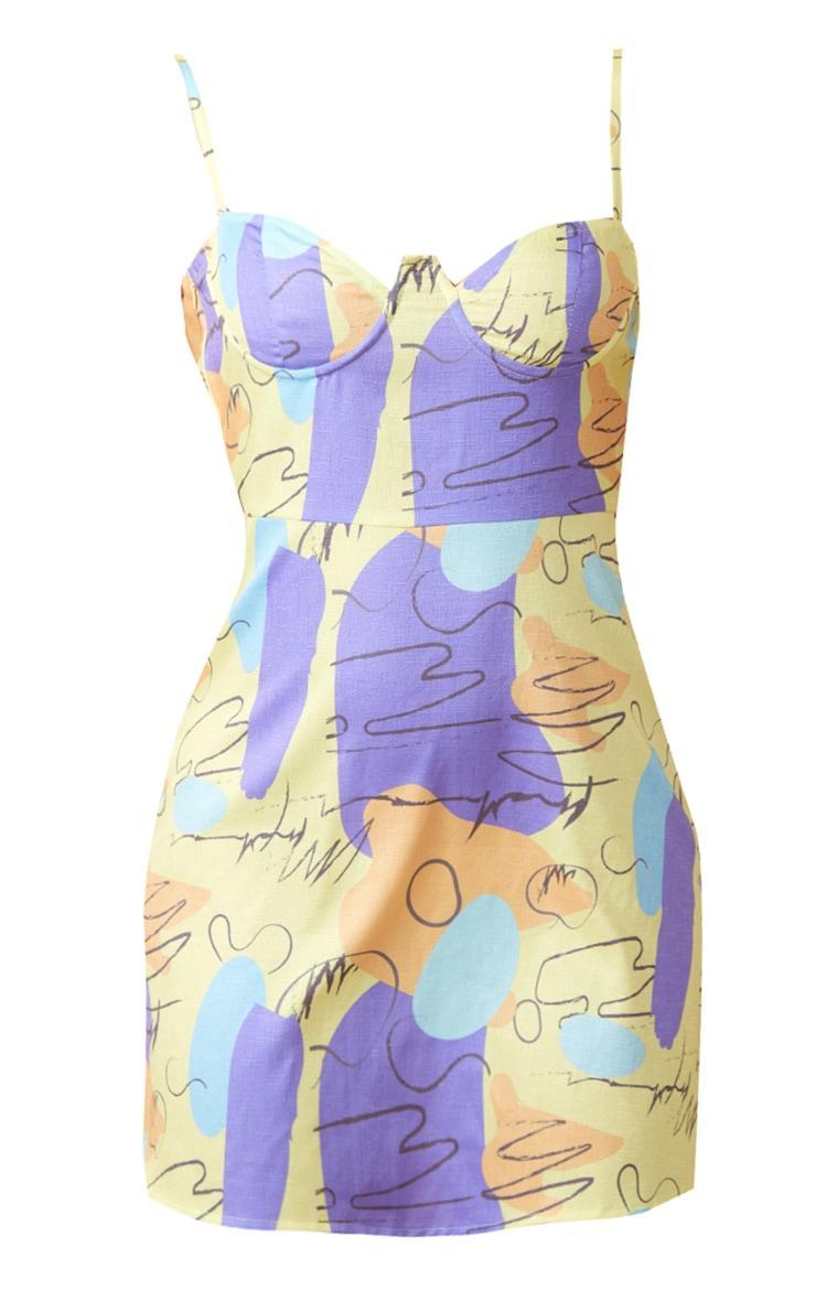  Yellow Abstract Print Satin Cup Detail Swing Dress Product Image