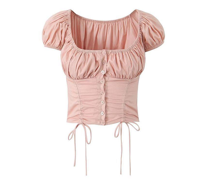 Puff-Sleeve Scoop Neck Plain Drawstring Cropped Blouse Product Image