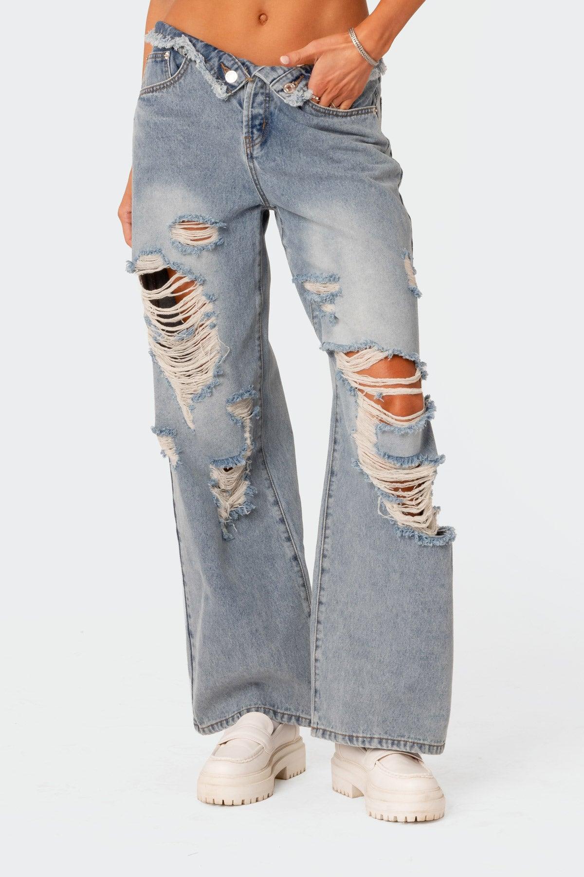 Distressed Fold Over Boyfriend Jeans Product Image