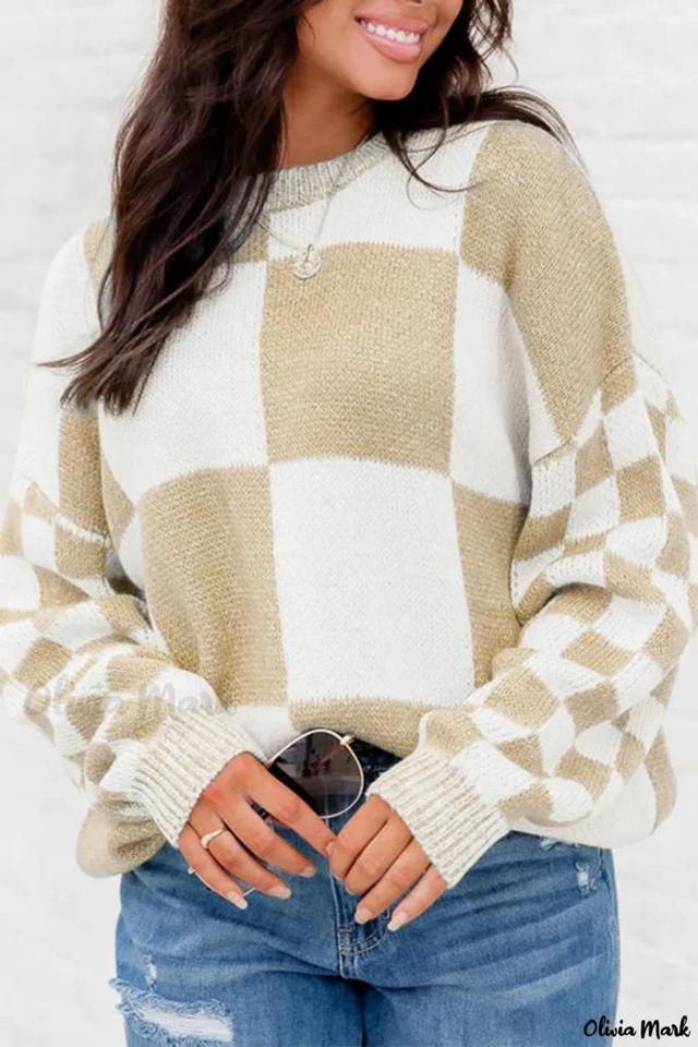 Olivia Mark – Elegant French Beige Checkered Print Drop Shoulder Sweater with Light Undertones Product Image