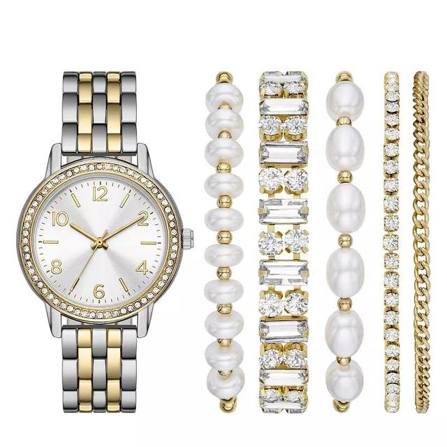 Folio Womens Two Tone Watch & Simulated Pearl Bracelet Set, White Product Image