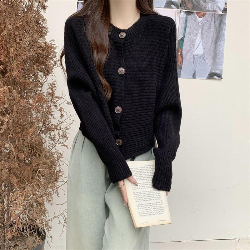 Crew Neck Plain Button-Up Crop Cardigan Product Image