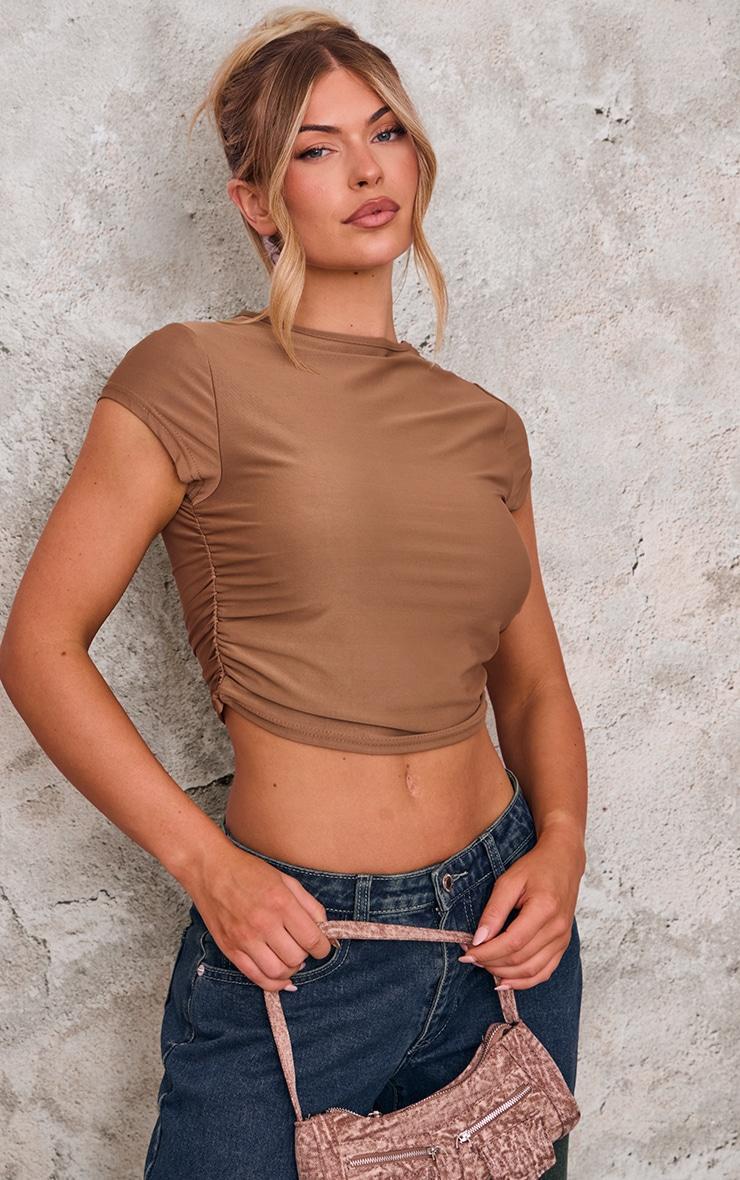 Taupe Slinky Ruched Detail Crop Top Product Image