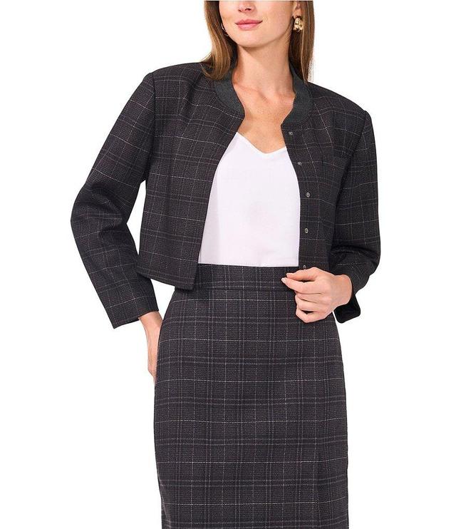 Vince Camuto Plaid Suiting Woven Band Collar Long Sleeve Snap Front Cropped Bomber Jacket Product Image