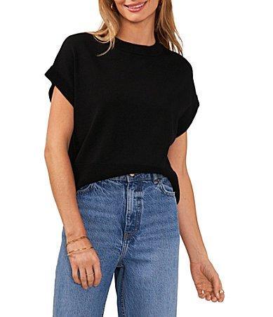 Vince Camuto Crew Neck Dropped Shoulder Short Sleeve Ribbed Trim Knit Sweater Product Image