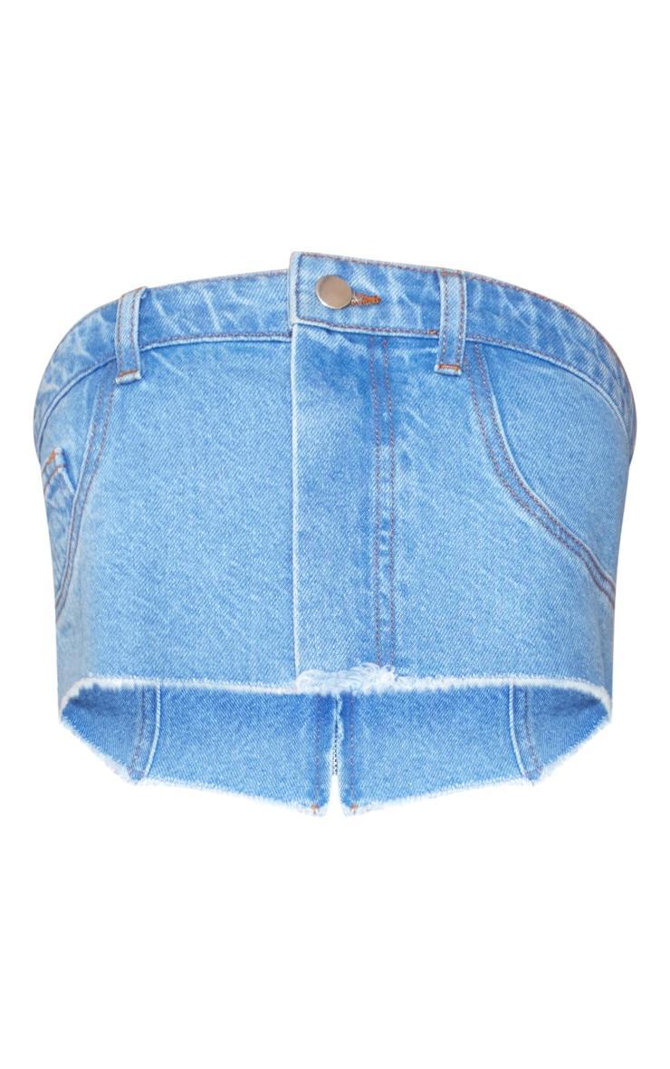 Light Blue Jean Detail Raw Hem Denim Bandeau Top Product Image